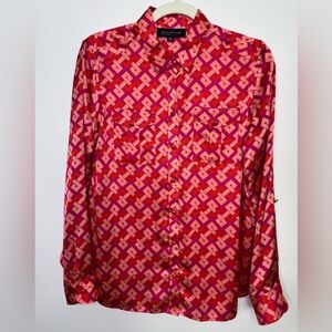 Jones New York Button Up Shirt Red and Pink Geometric Satin Blouse size MP
